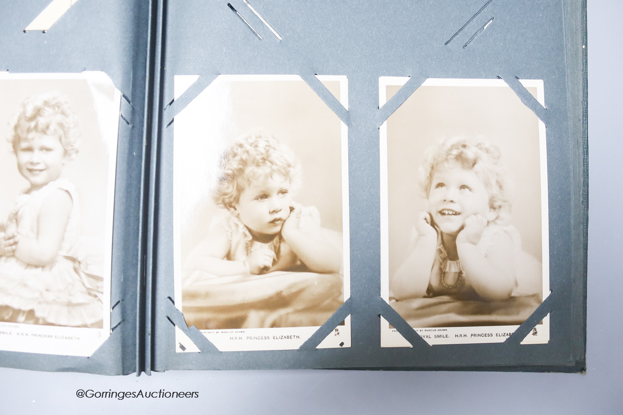 A Stevenograph type portrait album of Royals postcards and a Victorian portrait miniature